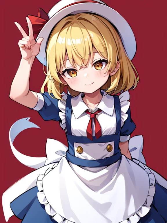 masterpiece, best quality, 1 girl, , , 12 years old, white hat, red ribbon, middle blonde hair, golden eyes, short puffy sleeves, white clothes, white apron, red ribbon tie, blue skirt, blue ruffles, collarbone, gentle smile, Kana Anaberal, Poltergeist, pinafore, from behind, to lift up one’s skirt, cowboy shot, from front, standing , raise one leg, crossed arms, arms up behind, arms behind back, hand between legs, put hands hip, one hand on hip, forward hands, arms raised in the air, punch hands, peace_sign, waving, put up index finger, sit, lie down, closed eyes, lie face down, looking back, put one hand chest, leaning forward,cleavage,close up, horizontally outstretched arms, horizontally outstretched legs, front view, front face