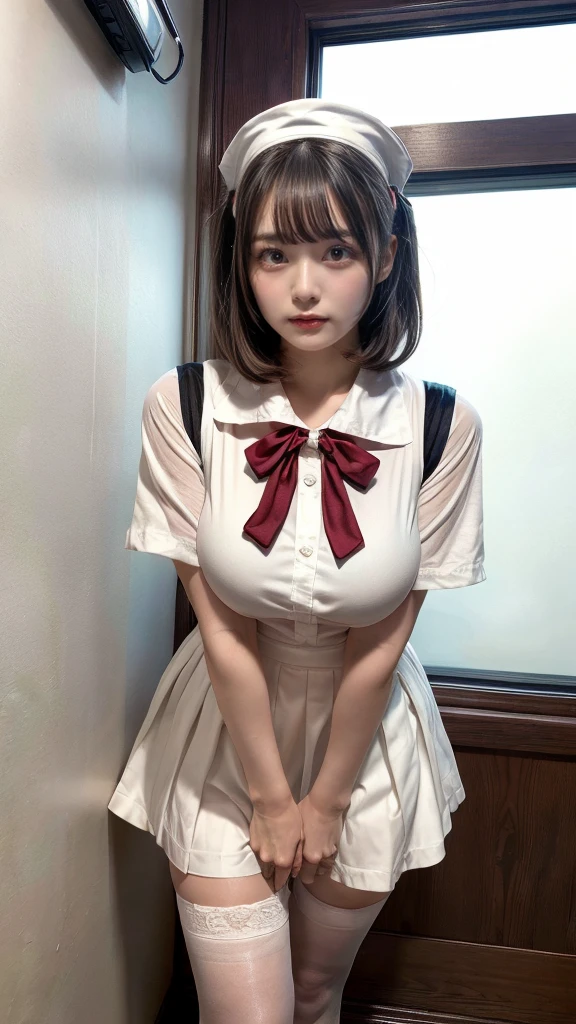 muste piece, best quality, illustration, Super detailed, fine details, High resolution, 8K,wall paper, perfect dynamic composition,(Details High quality, realistic depiction of eyes:1.3), Hospital Rooms、White nurse cap、White tights、White nurse uniform、to stand、Hand skirt、Flipping up a white skirt, large breasts,short bob hair, black hair color, Big Natural Color Lip, bold sexy pose, crying a little、cold gaze, Harajuku style、20 year old girl、cute type、lolita、beautiful legs, hposing Gravure Idol