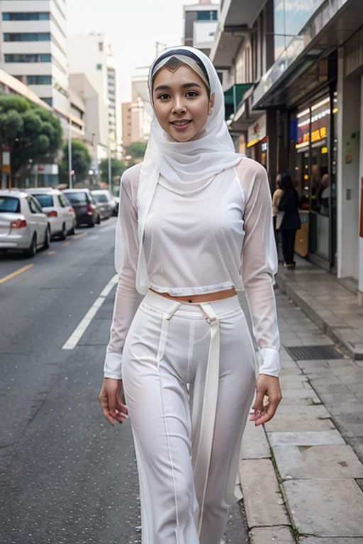 Young sweet beautiful Indonesian girl, 22 years old, slim body, georgeus face, wearing white thin see through hijab, all her hairs covered by hijab, wearing white thin long sleeve buttoned transparent long dress, wearing white see through thin strict trousers, no underwear,  hairy vagina visible through and cast to her trousers, standing cheerful on Bogor city sidewalk, realistic, very detail, 