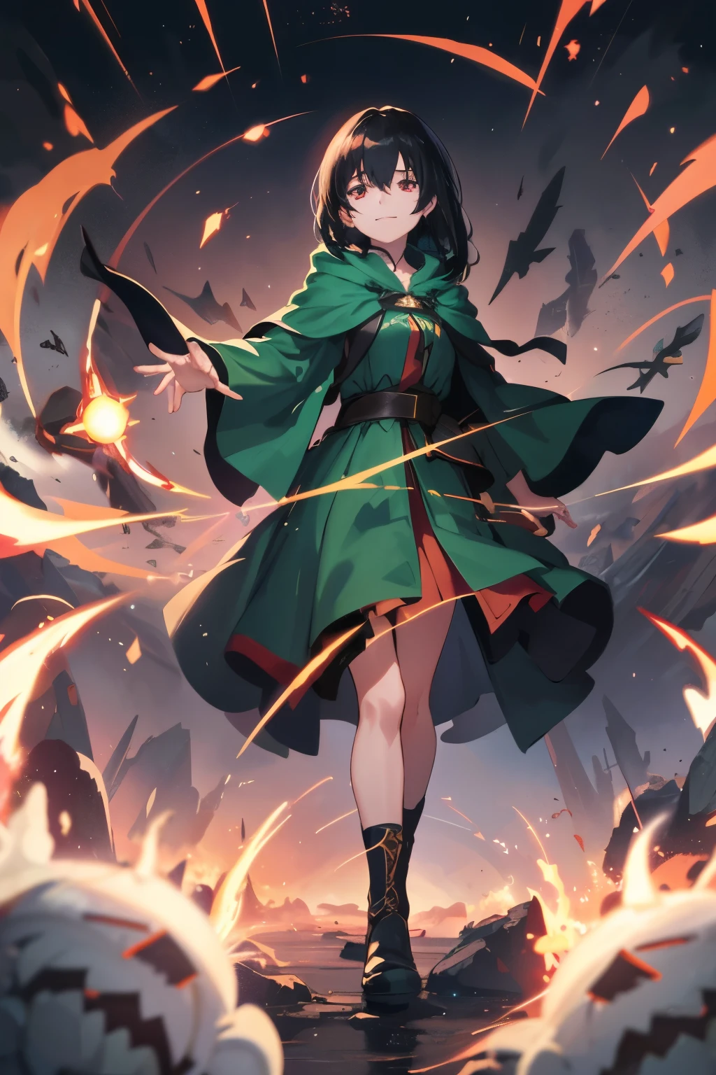 a beautiful girl, medium length simple witch green medieval dress, high boots, a green cloak hoody, the girl is invoking magic with her hands, where a jet of white and red light comes out with runes and rays, girl in profile, full body, in a magical and comical setting, heroines, porcelain skin, beautiful hair, large eyes, three dimensional effect, enhanced beauty, Albert Anker, Feeling like Albert Anker, Kyoto Animation, Feeling like Kyoto Animation, black hair, a little smile, luminism, red eye, 3d render, octane render, cinematic, Isometric, awesome full color, 