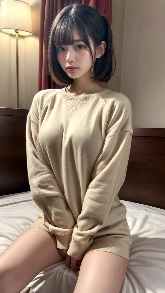 muste piece, best quality, illustration, Super detailed, fine details, High resolution, 8K,wall paper, perfect dynamic composition,(Details High quality, realistic depiction of eyes:1.3), (Fashionable、Beige oversized sweatshirt、long-sleeve), large breasts,short bob hair, black hair color, Big Natural Color Lip, bold sexy pose, crying a little、cold gaze, Harajuku style、20 year old girl、cute type、ta、beautiful legs, hotel room, hposing Gravure Idol, (woman on top, straddling, sitting)
