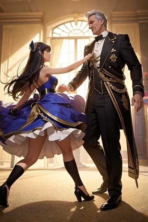 A tall uncle and a  girl are dancing. they are wearing fantasy uniforms.