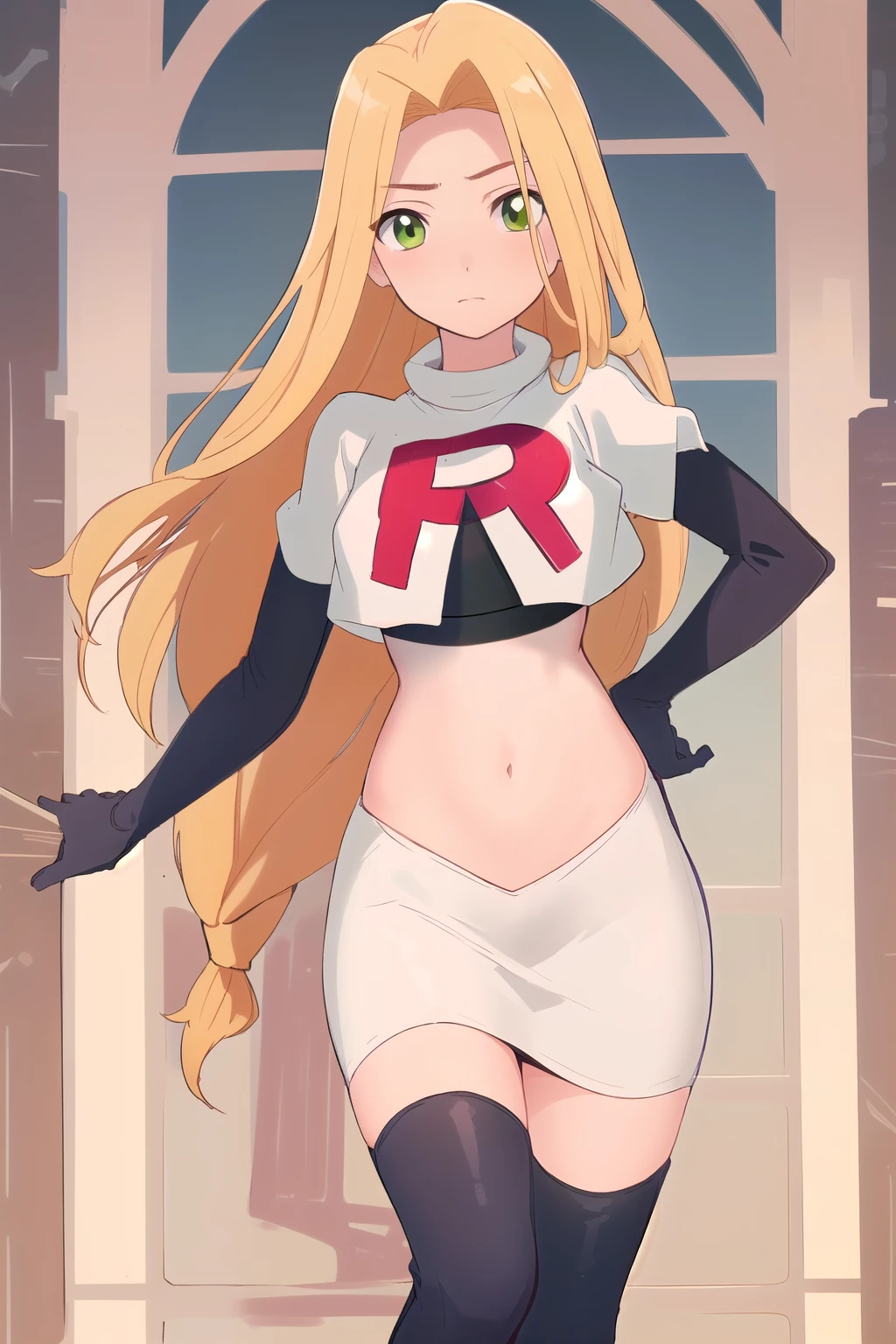 (masterpiece, best quality, high resolution:1.4), rapunzel, green eyes, (loose hair:1.3), looking at viewer, team rocket,team rocket uniform,white skirt,red letter R,crop top,black thigh-highs,black elbow gloves