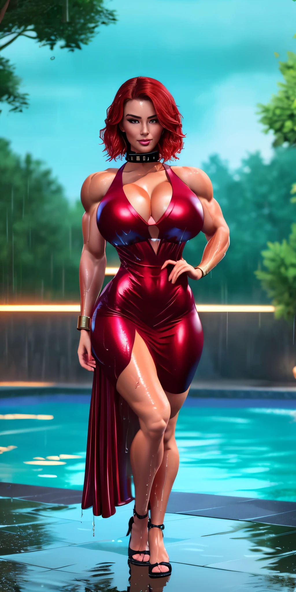 leather collar(Best quality, 4k, Masterpiece :1.3), full body standing symmetrical beautiful woman, hyper realistic, 1girl, (drooping breasts, attractive body :1.2), sit-ups :1.1, short red hair: 1.1, (wet rainy, wet by rain, wet body :1.2), ultra-detailed face, detailed lips, detailed eyes, double eyelid, low-necked dress, open neckline, hanging breasts, side pose, visible curves, pool , poolside, red transparent robe, red sunglasses, muscular turned arms behind body, leather collar, golden bracers