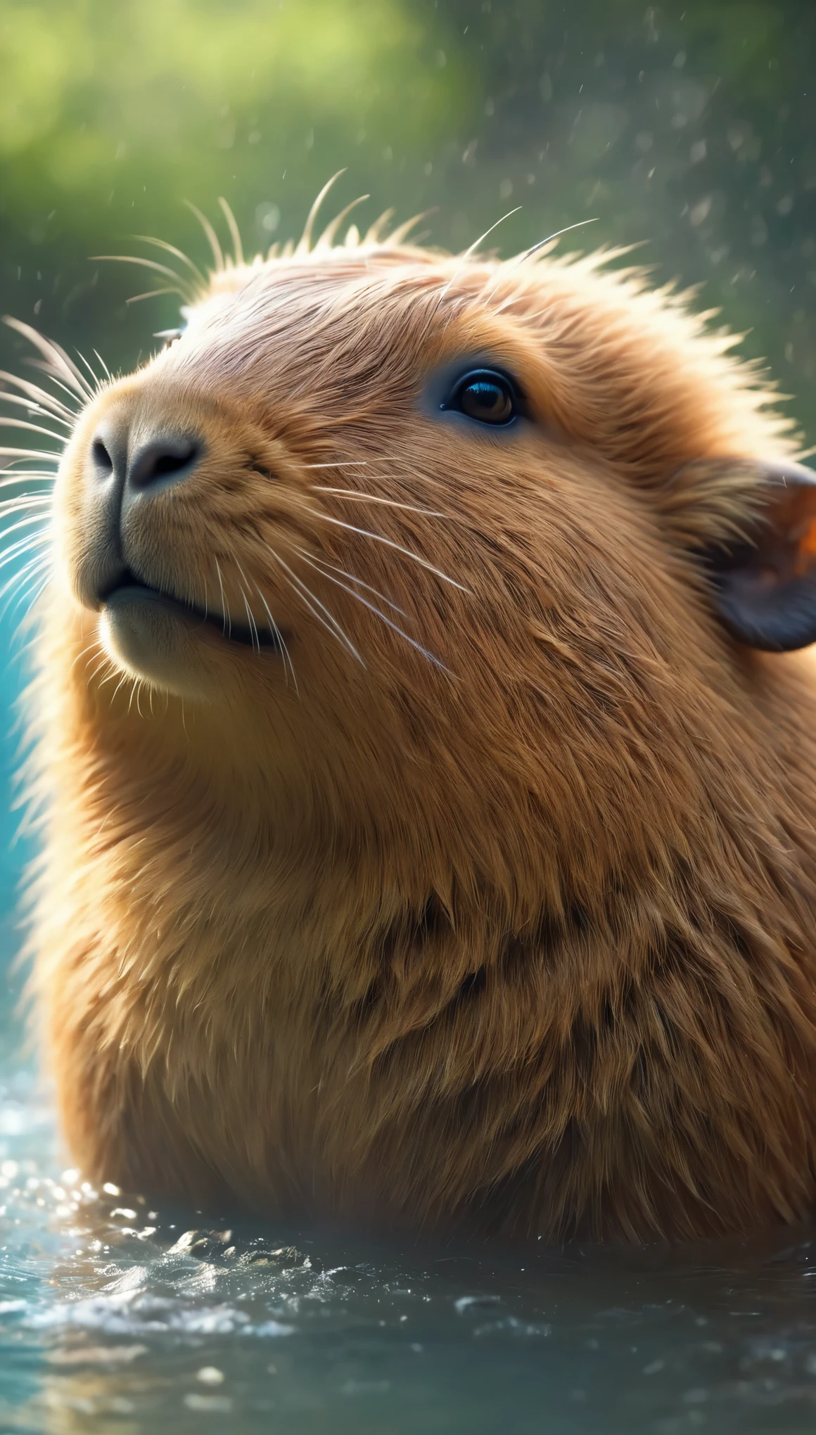 温泉に入っているcapybara,Japanese open-air bath,capybara:happiness:Squint your eyes,Wet fur texture,hot water,steam,cute,National Geographic,Photos taken by a professional photographer,black eye,eyelash,最high quality,high quality,Intricate details,Attention to detail,blurred background,cutecapybaraが視聴者をお出迎えします,Realistic,Fantasy,,halation,Beautiful light and shadow,flash,とてもflash,masterpiece,最高masterpiece,Intricate details,rendering,Zentangle Elements,8k,3D,Impressive photos like paintings,,Smooth hair flow,Like a stuffed toy