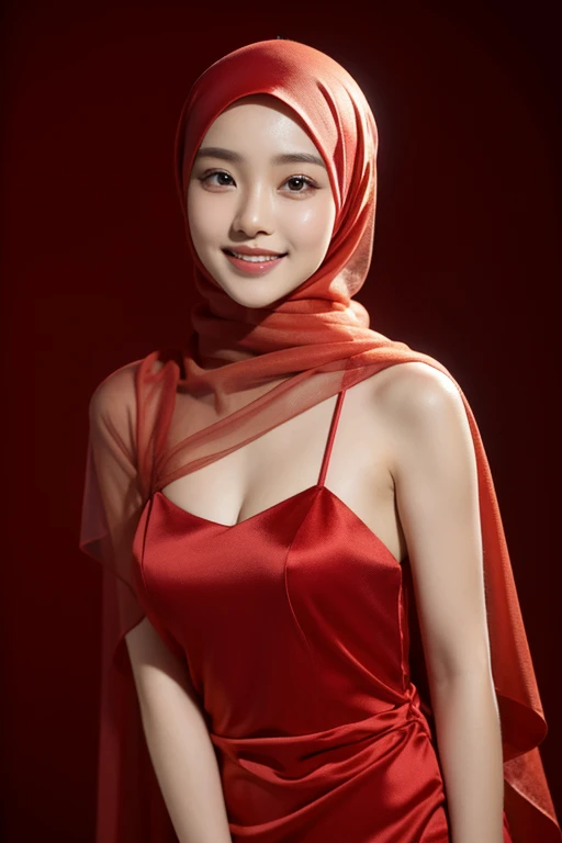 Masterpiece, best quality, high res, beautiful adult Indonesian girl wearing a hijab and wearing a transparent satin dress, looking at the camera with a sweet passionate smile, dynamic perfection, blood red, smooth, sharp focus, illustration, art, facial details, 4k, office background, eyes chocolate
