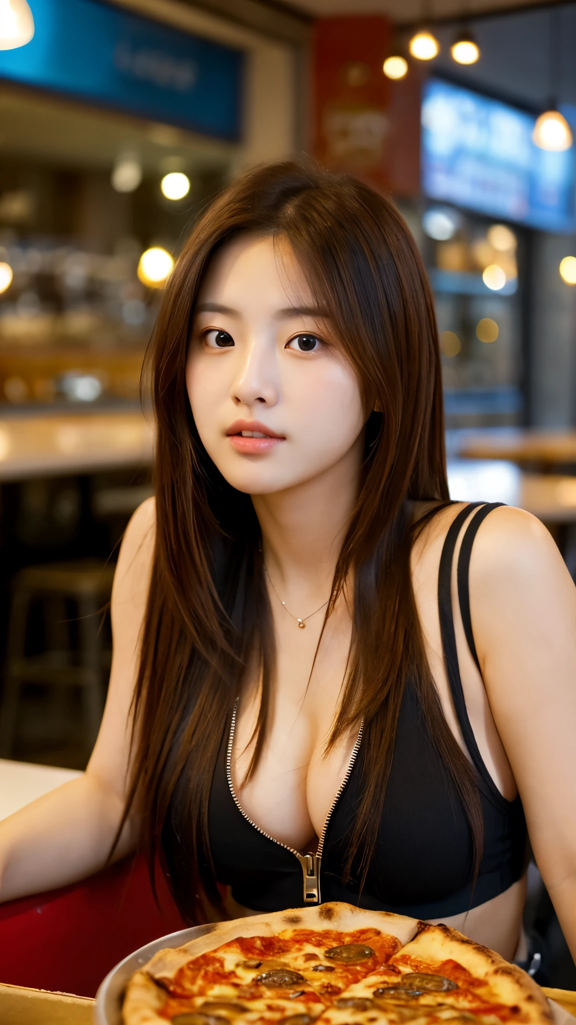 close-up of beautiful korean female, 34 inch breasts size, tie hair, wearing zipper tank top, sitting in pizza shop, bokeh background, UHD 