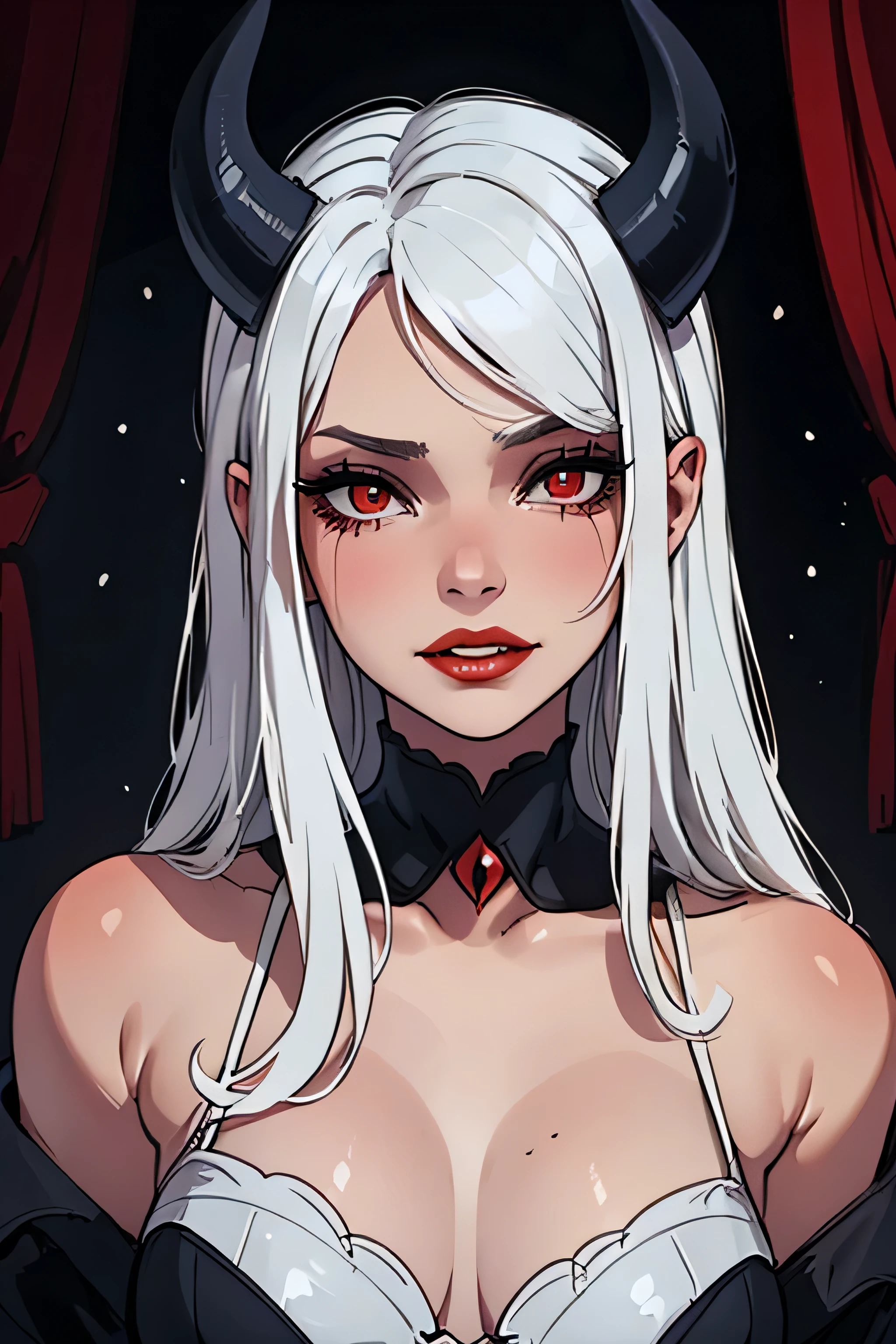 
Masterpiece, best quality, demoness, young, inexperienced, portrait, horns, portrait style photo, snow white skin, face in center of photo, shy girl, meek, red lips, black demonic dress, long flowing hair, bright white hair,  boy's bedroom setting, blood red eyes