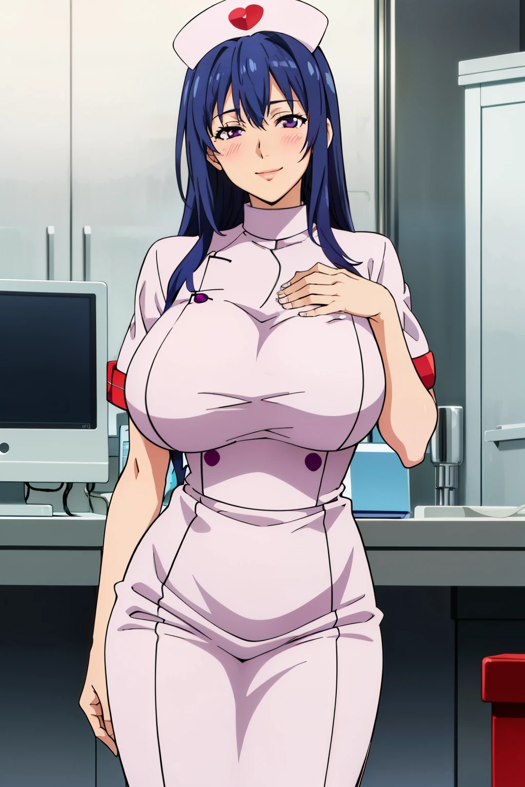 (white nurse outfit : 1.3), (white nurse hat), medicalroom, Nijou Aki, 27 yo, mature women, anime cels style, best quality, high resolution, (gigantic breasts:1.3), cowboy shot, blush, smiling, (purple eyes), blue hair