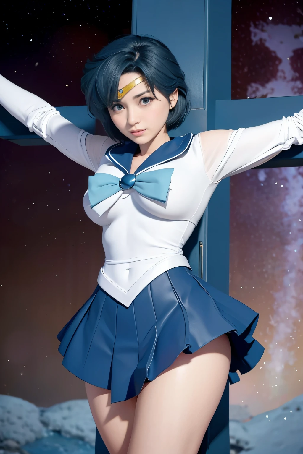 highest quality，masterpiece，Ultra-high resolution, Very detailed, 8k，(Beautiful woman)，一人のBeautiful woman，((Crucifixion))，(cross)，(execution)，((incontinence))，Scared，torture，slave，((crossにCrucifixionにされた女性：1.5)),Crucifixion刑，(Sailor Mercury, Sailor Mercuryのコスチューム, skirt, Big Breasts)