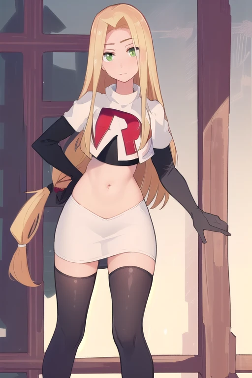 (masterpiece, best quality, high resolution:1.4), rapunzel, green eyes, (loose hair:1.3), looking at viewer, team rocket,team rocket uniform,white skirt,red letter R,crop top,black thigh-highs,black elbow gloves