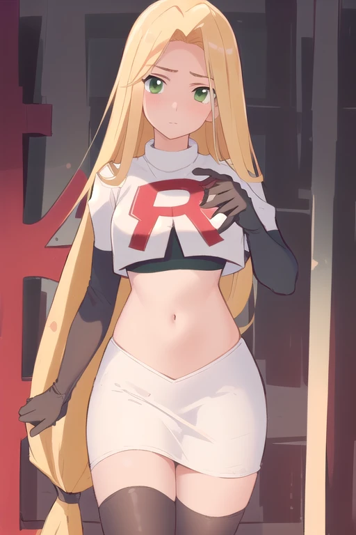 (masterpiece, best quality, high resolution:1.4), rapunzel, green eyes, (loose hair:1.3), looking at viewer, team rocket,team rocket uniform,white skirt,red letter R,crop top,black thigh-highs,black elbow gloves