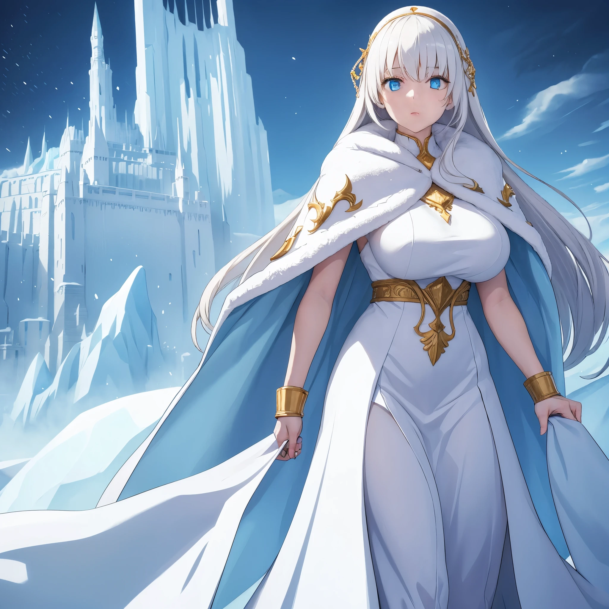 a woman wearing white dress with gold details, long dress, wearing an ice blue fur cape, long bank hair, ice blue eyes, walking at the bottom of an ice castle, winter location with ice mountains in the background, snow fog ice in place, cold expression, big breasts,HDR, masterpiece, well defined, ultra resolution, high quality, 8k HD. (just a woman, solo)
