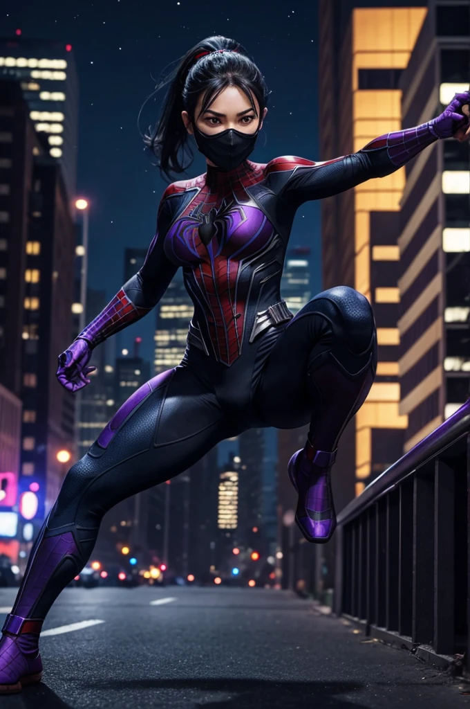 1 woman, solo, ponytail black hair, brown eyes, fighting stance, mask, standing, full body, suit spiderman in blue and purple, city, night