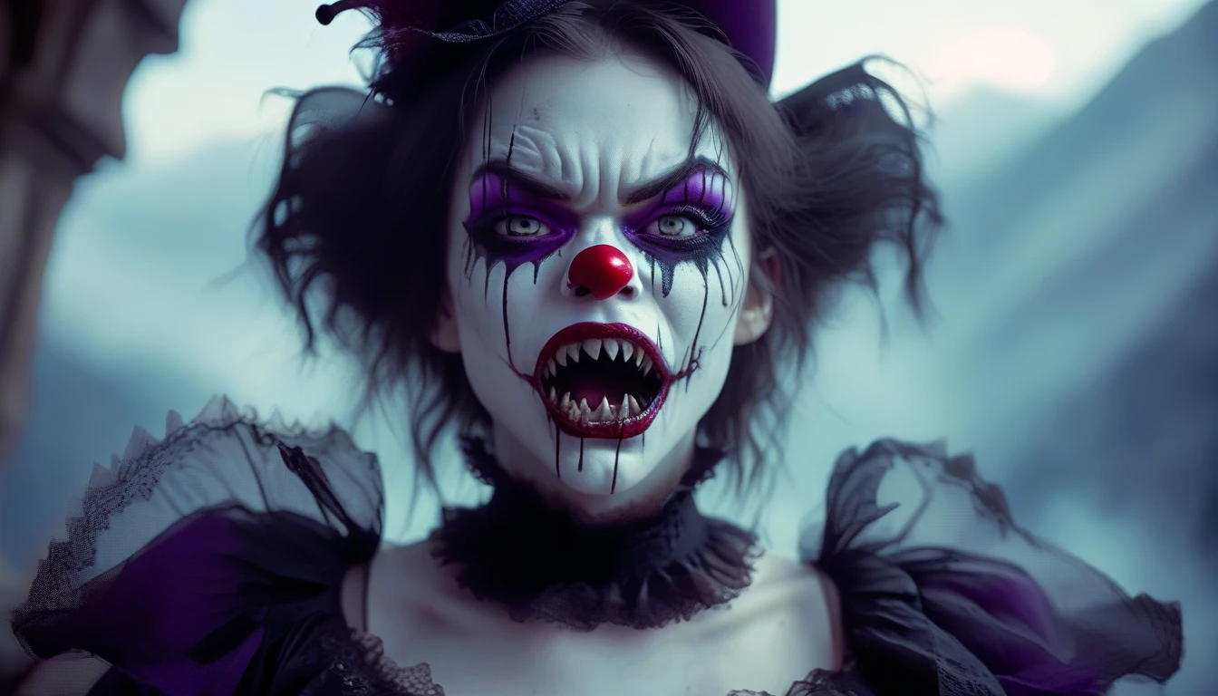 A place with a morbid look that resembles a funeral, (foggy:1.2), silhouetted in soft shadow (closeup photograph:1.2) (Purple Mountain Majesty clown outfit:1.3) (beautiful supermodel:1.1) Hybrid with Venom comic character all teeth, Face forward, Shark Teeth, Jaws wide opened, very close, her face is inches from the camera, her mouth is opened grotesquely wide with long sharp teeth fangs like a vampire but many of them, and crazy eyes, her face fills the entire image, it looks like she is about to bite us, bokeh