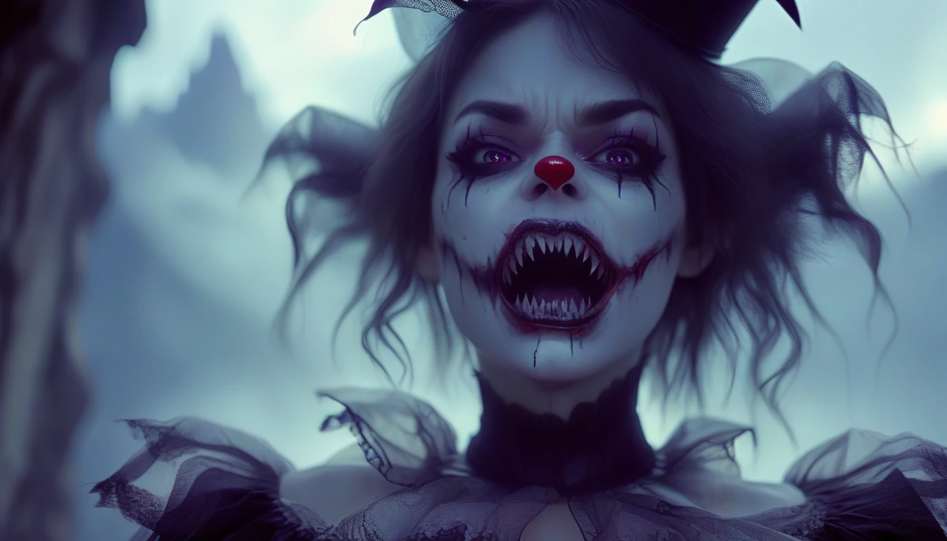 A place with a morbid look that resembles a funeral, (foggy:1.2), silhouetted in soft shadow (closeup photograph:1.2) (Purple Mountain Majesty clown outfit:1.3) (beautiful supermodel:1.1) Hybrid with Venom comic character all teeth, Face forward, Shark Teeth, Jaws wide opened, very close, her face is inches from the camera, her mouth is opened grotesquely wide with long sharp teeth fangs like a vampire but many of them, and crazy eyes, her face fills the entire image, it looks like she is about to bite us, bokeh
