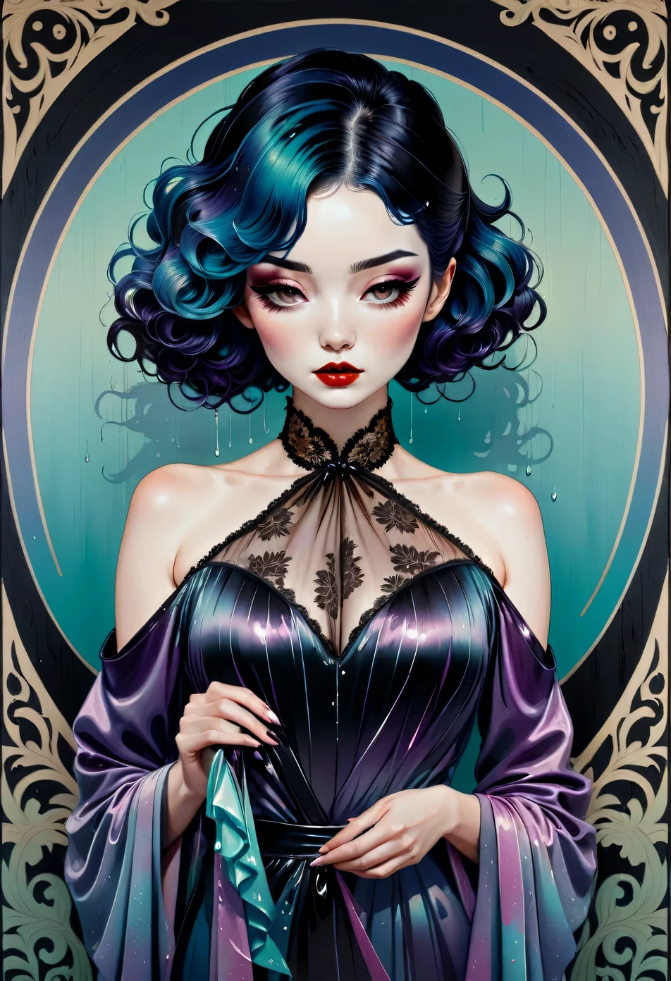 chiaroscuro technique on  illustration of an elegant oldies , wet hair, vintage, eerie, matte painting, by Hannah Dale, by Harumi Hironaka, extremely soft colors, vibrant, highly detailed, digital illustrations , high contrast, dramatic, refined, tonal, facial expression
