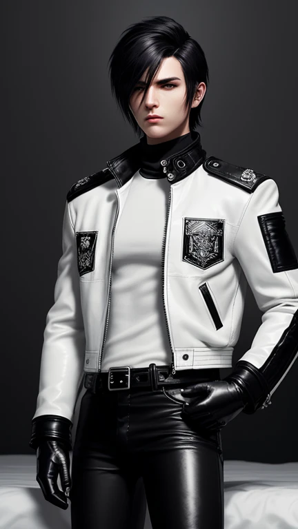 Final Fantasy-style graphics, young, Cute and cool Japanese boys, Thin eyebrows and big eyes, He is wearing a shiny off-white leather single-breasted jacket.。., with epaulettes, The jacket is zipped up, The jacket pockets are black., The jacket has a high stand-up collar with a belt, Also wearing a black turtleneck, black leather pants, Thin black leather gloves on both hands, Black leather knee-high lace-up boots, Head to Toe, Show your whole body, Final Fantasy Style、good looking、Clear eyes and nose、((A shiny white single-breasted leather jacket))、((The jacket has epaulettes))、((The jacket has a stand-up collar and belt))、((The jacket has a black pocket))、((Black turtleneck shirt))、((Shiny black leather pants))、((Shiny black leather gloves on both hands))、((Black lace-up leather long boots))、Head to Toeの眺め、Realistic image quality and texture、In a small brick-walled cell、Close your eyes、((The jacket is zipped closed))、((Lying in bed and sleeping))