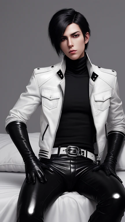 Final Fantasy-style graphics, young, Cute and cool Japanese boys, Thin eyebrows and big eyes, He is wearing a shiny off-white leather single-breasted jacket.。., with epaulettes, The jacket is zipped up, The jacket pockets are black., The jacket has a high stand-up collar with a belt, Also wearing a black turtleneck, black leather pants, Thin black leather gloves on both hands, Black leather knee-high lace-up boots, Head to Toe, Show your whole body, Final Fantasy Style、good looking、Clear eyes and nose、((A shiny white single-breasted leather jacket))、((The jacket has epaulettes))、((The jacket has a stand-up collar and belt))、((The jacket has a black pocket))、((Black turtleneck shirt))、((Shiny black leather pants))、((Shiny black leather gloves on both hands))、((Black lace-up leather long boots))、Head to Toeの眺め、Realistic image quality and texture、In a small brick-walled cell、Close your eyes、((The jacket is zipped closed))、((Lying in bed and sleeping))