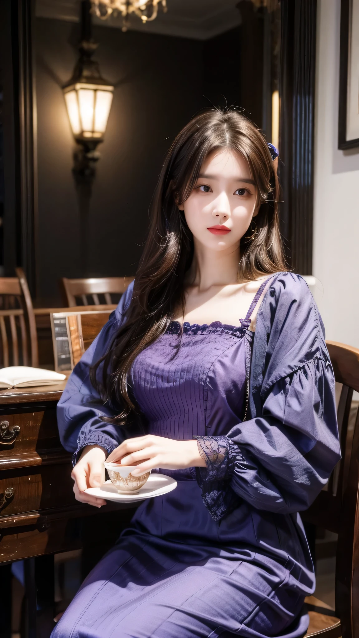 Brown hair woman, Violet eyes, Violet dress, Victorian style clothing, royalties, noble, Drinking tea with a woman