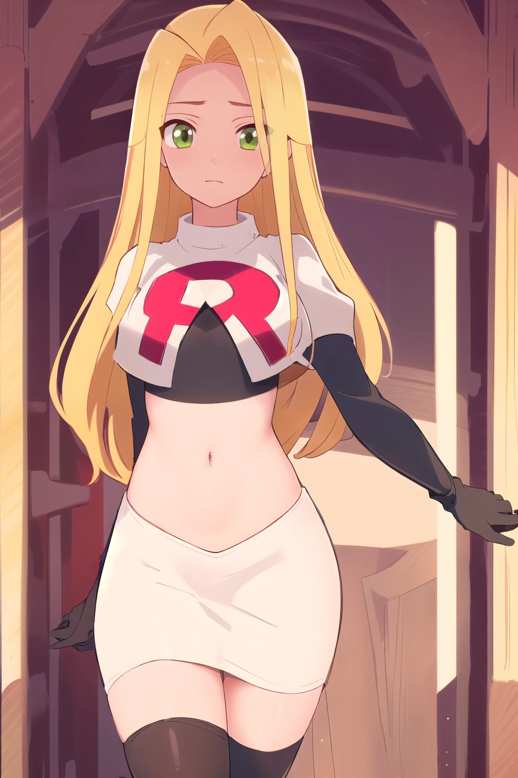 (masterpiece, best quality, high resolution:1.4), rapunzel, green eyes, (loose hair:1.3), looking at viewer, team rocket,team rocket uniform,white skirt,red letter R,crop top,black thigh-highs,black elbow gloves
