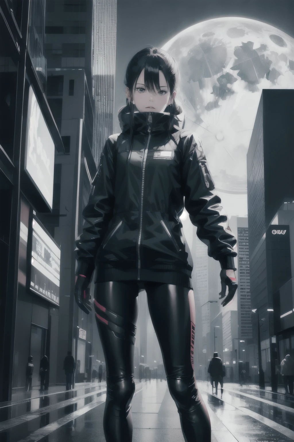 highest quality, masterpiece, photograph, 4K, photographrealistic, Very detailed,
One girl riding a bike, Techwear, Cyberpunk City, alone, Futuristic, Huge moon in the background, Black and White, by Akira Toriyama, 塗り絵のために白い部分の多いBlack and White絵画