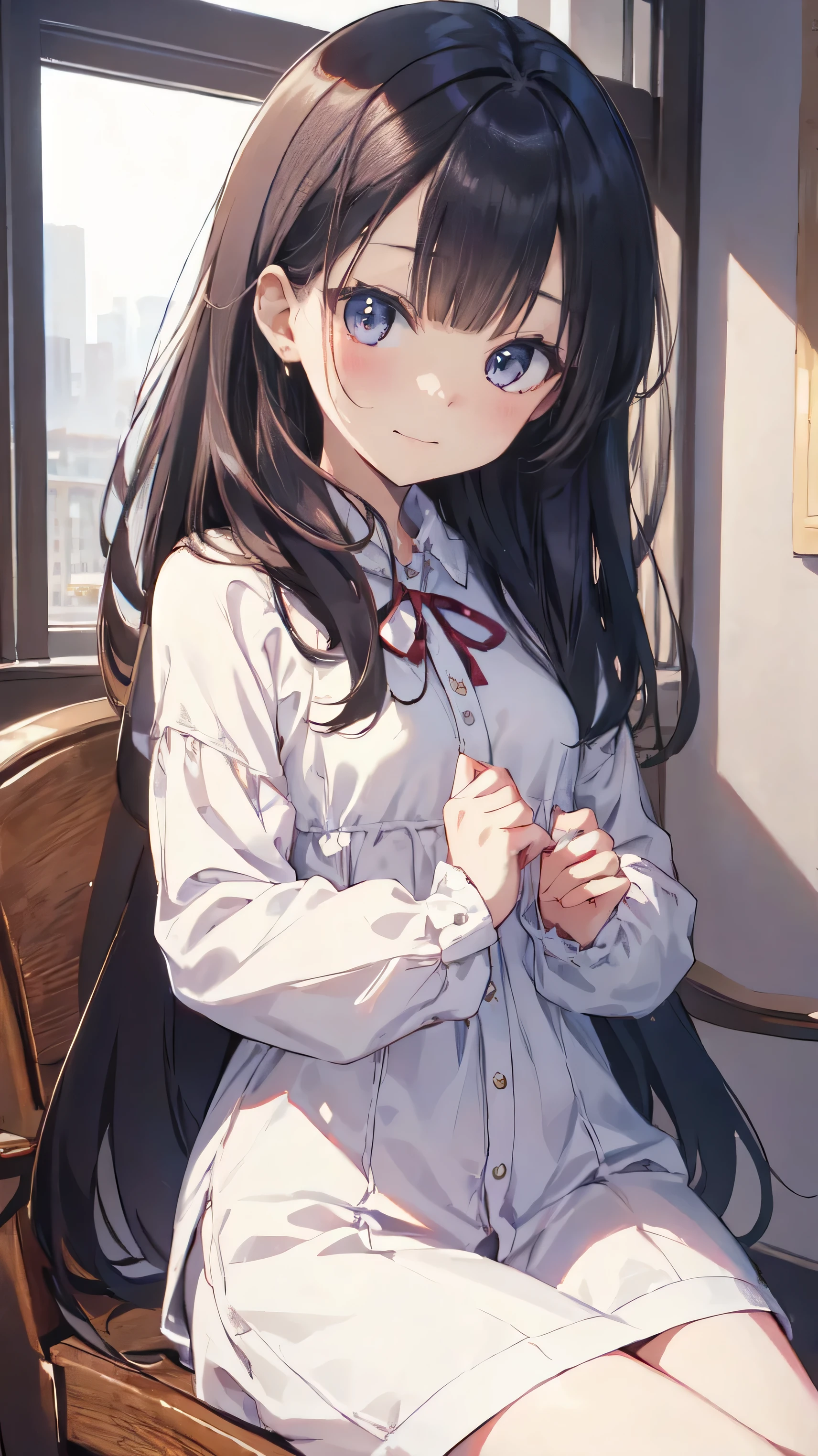 Masterpiece、Highest quality、highest quality、(((Lori)))、 ((Smiling with a shy expression))、Shiny hair quality、Small face、Sitting、Super detailed, beautiful, wide eyes、Ultra-detailed, clear and beautiful faces、(cute illustration:1.2), High-resolution, ultra-detailed, best quality, embarrassed