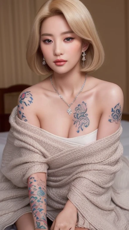 ((Best quality, 8K, Masterpiece :1.3)), Sharp focus :1.2, Korean sexy woman. 36 years old. ((Sexy Barbie))Beveled blonde Bob. jewely. Earrings. necklace ((Wrapped in a blanket. bare shoulders))Seated woman is passionate about sex. Seductive figure in bed, Charming, voluptuous, Skinny, Slim.Skinny, Small chess, Perfect chest((Detailed texture of tattooed skin))