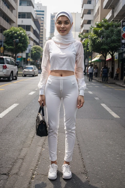 Young sweet beautiful Indonesian girl, 22 years old, slim body, georgeus face, wearing white thin one piece see through simple hijab, all her hairs covered by hijab, wearing white thin long sleeve buttoned transparent long t-shirt, wearing white see through thin strict trousers, no underwear, hairy vagina visible through and cast to her trousers, standing cheerful on Bogor city sidewalk, wearing sporty shoes, realistic, very detail,