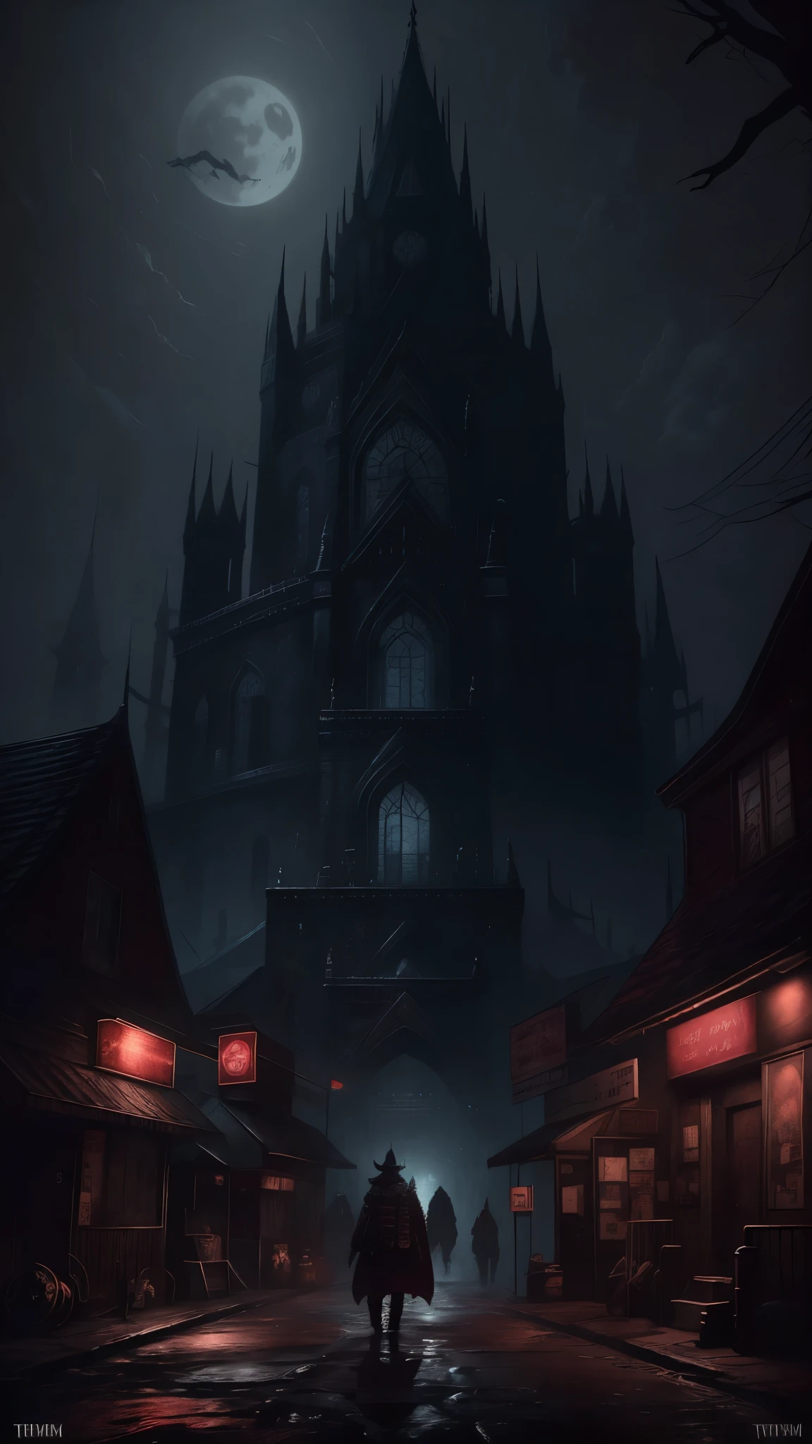 (Ink illustration on parchment). A futuristic The city of yharnam, bloodborne, oil painting, done with japanese brush technique, realistic, extreme detail, scary, terrifying, dark and warm environment, 8k, masterfully stylized, by Jeff Easley and Terry Redlin 