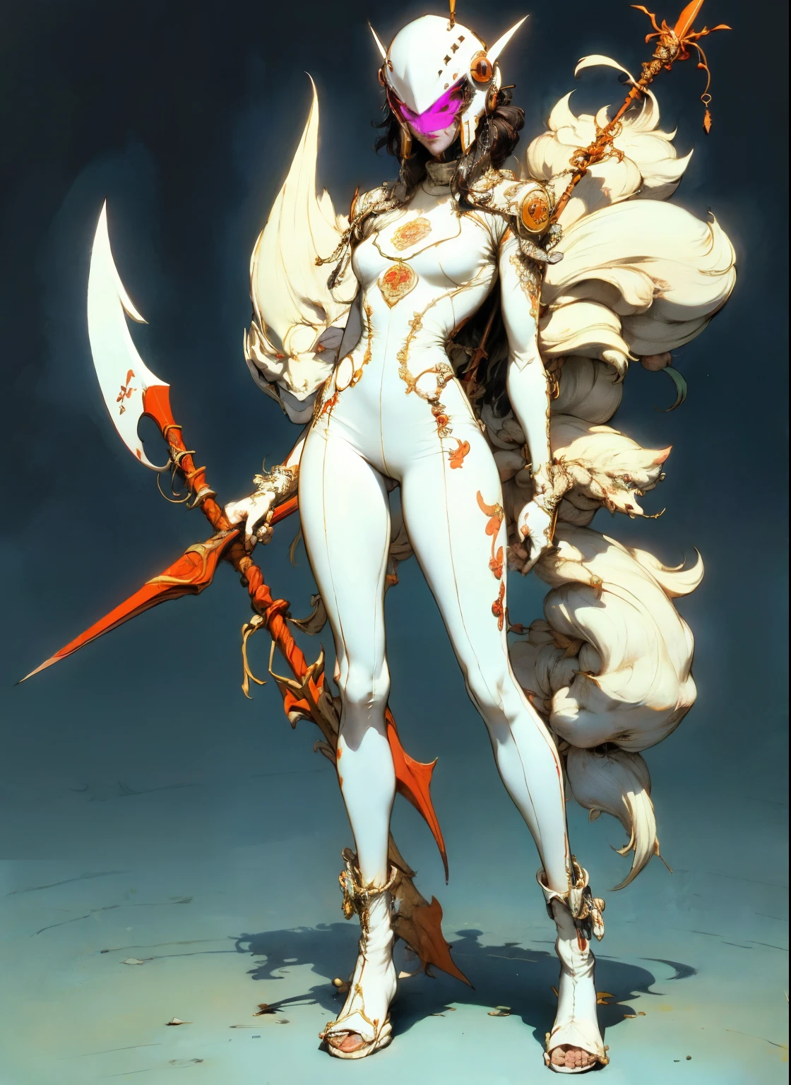 1 woman, perfect proportions, anatomically correct, (head to toe: 2.0), (full body image: 2.0), solo, (Casshern: 1.6), extremely stylized, deviant art, masterpiece, highly detailed, detailed eyes, expressive detailed eyes, detailed pupils, futuristic, ((1950s scifi helmet)), ((pointy helmet)), Rubber Gloss, (flightsuit:1.4), white boots, entire body image, full body shot, nvinkpunk, professional photograph of alexander_skarsgard, tassles, large beads, large tassels, navy blue and white, cyberpunk, inkpunk, paint platter, ink splatter, (action pose:1.0), ((holding a two pronged spear))