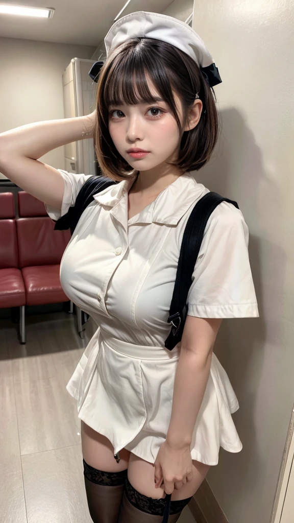 muste piece, best quality, illustration, Super detailed, fine details, High resolution, 8K,wall paper, perfect dynamic composition,(Details High quality, realistic depiction of eyes:1.3), Hospital Rooms、White nurse cap、White tights、White nurse uniform、to stand、Hand skirt、Flipping up a white skirt, large breasts,short bob hair, black hair color, Big Natural Color Lip, bold sexy pose, crying a little、cold gaze, Harajuku style、20 year old girl、cute type、lolita、beautiful legs, hposing Gravure Idol