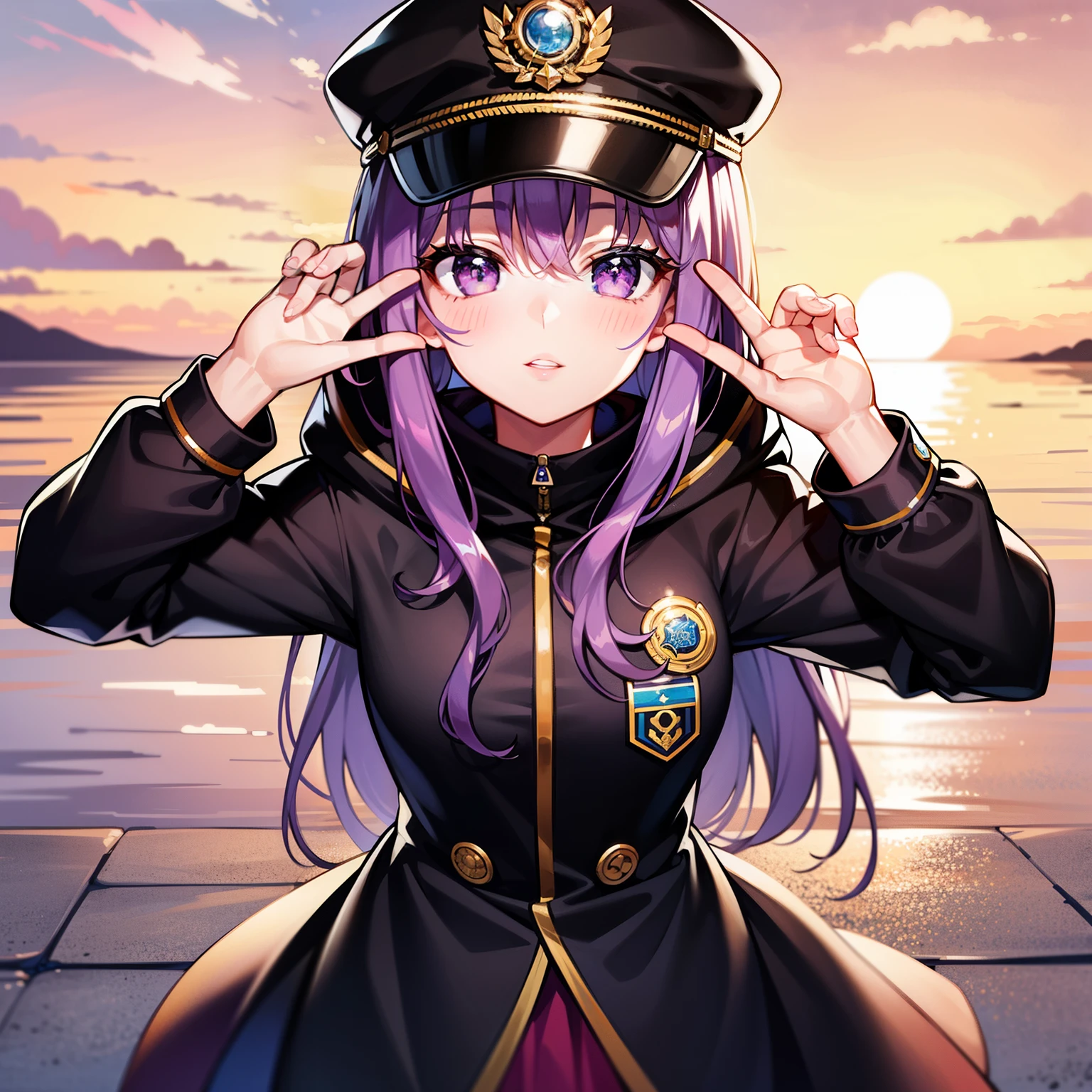 ((1girl, solo)), purple hair, long hair, purple eyes, grey, +_+, long sleeves, smile, (((parted lips))), hood down, (badge on hat), symbol-shaped pupils, looking at viewer, details eyes, absurdres, half body, ((sunset)), top view, (day time, sunny)