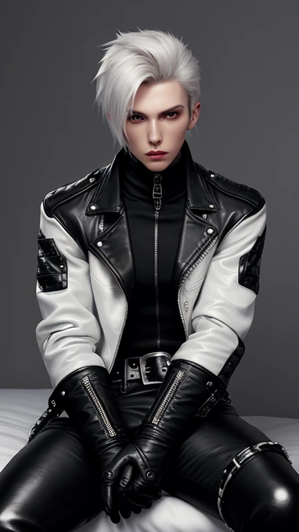 Final Fantasy-style graphics, young, Cute and cool Japanese boys, Thin eyebrows and big eyes,  He is wearing a shiny off-white leather single-breasted jacket.。., with epaulettes,  The jacket is zipped up, The jacket pockets are black., The jacket has a high stand-up collar with a belt, Also wearing a black turtleneck, black leather pants, Thin black leather gloves on both hands, Black leather knee-high lace-up boots, Head to Toe, Show your whole body, Final Fantasy Style、good looking、Clear eyes and nose、((A shiny white single-breasted leather jacket))、((The jacket has epaulettes))、((The jacket has a stand-up collar and belt))、((The jacket has a black pocket))、((Black turtleneck shirt))、((Shiny black leather pants))、((Shiny black leather gloves on both hands))、((Black lace-up leather long boots))、Head to Toeの眺め、Realistic image quality and texture、In a small brick-walled cell、Close your eyes、((The jacket is zipped closed))、((Sitting on the bed))