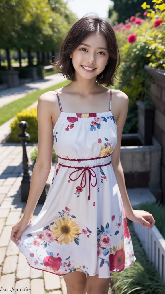 masterpiece, highest quality, disorganized, perfect anatomy, 1 girl, alone, pascal tales, short hair, beautiful, Hilarious, sunny day, botanical garden, Summer winds, sundress, Floral, wavy hair, smile