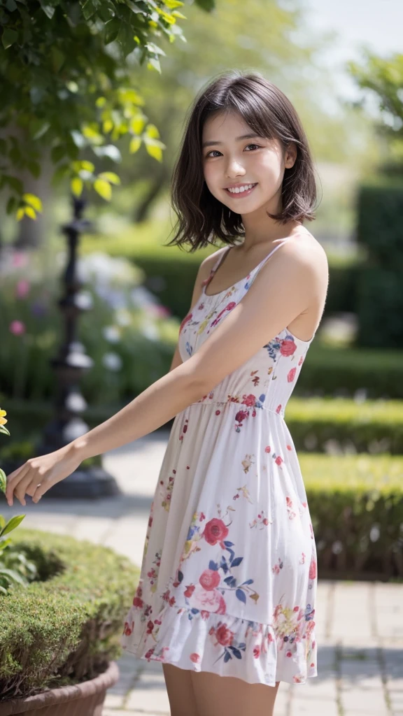 masterpiece, highest quality, disorganized, perfect anatomy, 1 girl, alone, pascal tales, short hair, beautiful, Hilarious, sunny day, botanical garden, Summer winds, sundress, Floral, wavy hair, smile