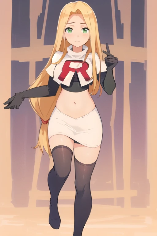 (masterpiece, best quality, high resolution:1.4), rapunzel, green eyes, (loose hair:1.3), looking at viewer, team rocket,team rocket uniform,white skirt,red letter R,crop top,black thigh-highs,black elbow gloves