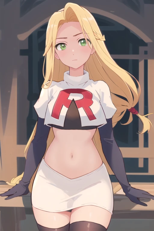 (masterpiece, best quality, high resolution:1.4), rapunzel, green eyes, (loose hair:1.3), looking at viewer, team rocket,team rocket uniform,white skirt,red letter R,crop top,black thigh-highs,black elbow gloves