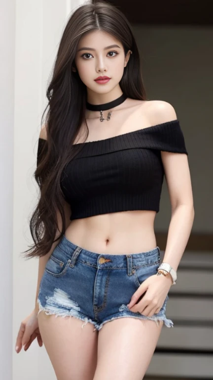 highest quality、Beautiful woman、Strong abdominal muscles、Detailed fingers、Beautiful waistline、Long Hair、 shorts jeans、Black off-shoulder knit、Belly button、Black Choker