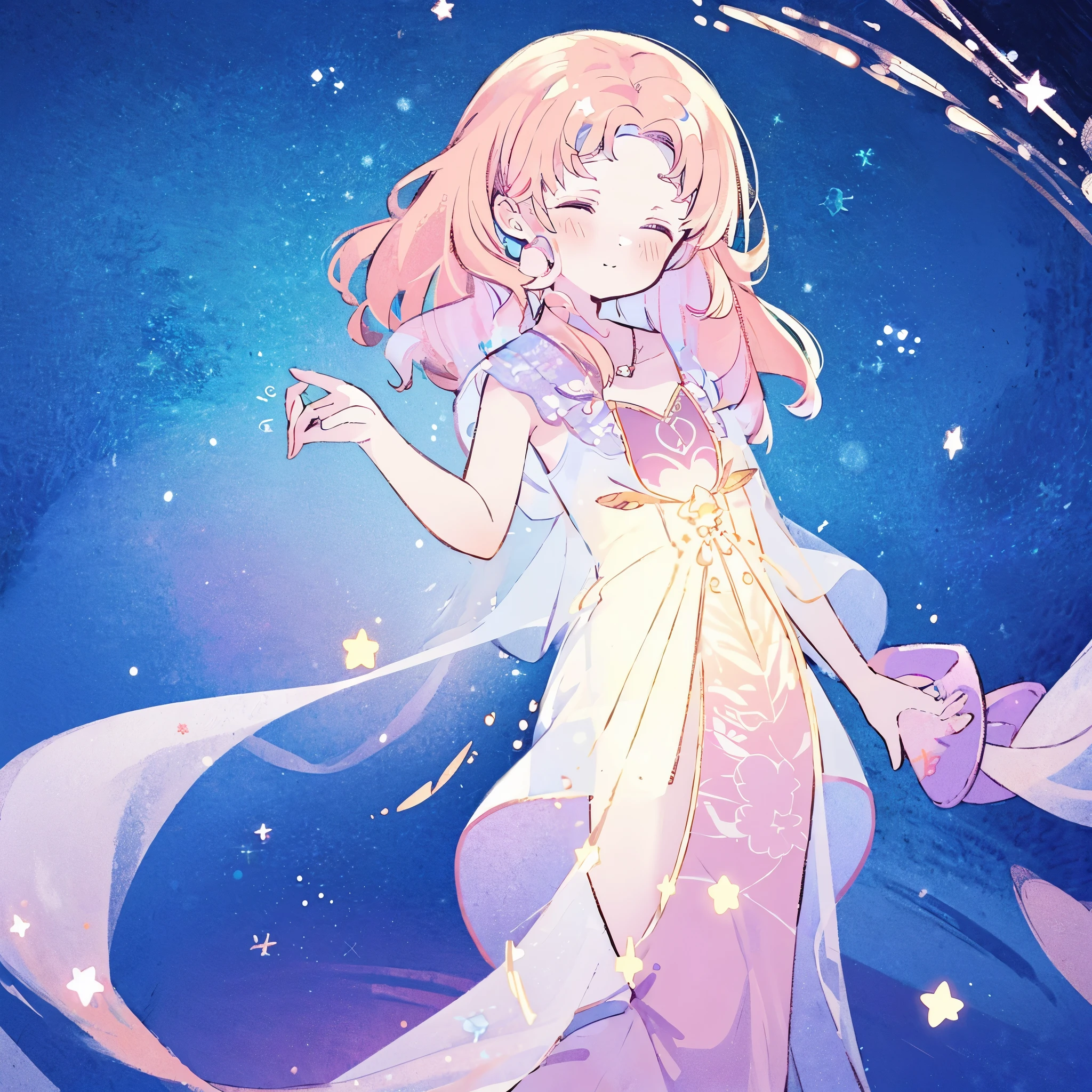 complex background, wishing star background, a woman wearing an ethereal mystical pink translucent dress that reflects the stars, perfume promo art, mystic, complex drawing, highly detailed, Covergirl brand, promo art, artistic rendition, ethereal, starry night, midjourney style