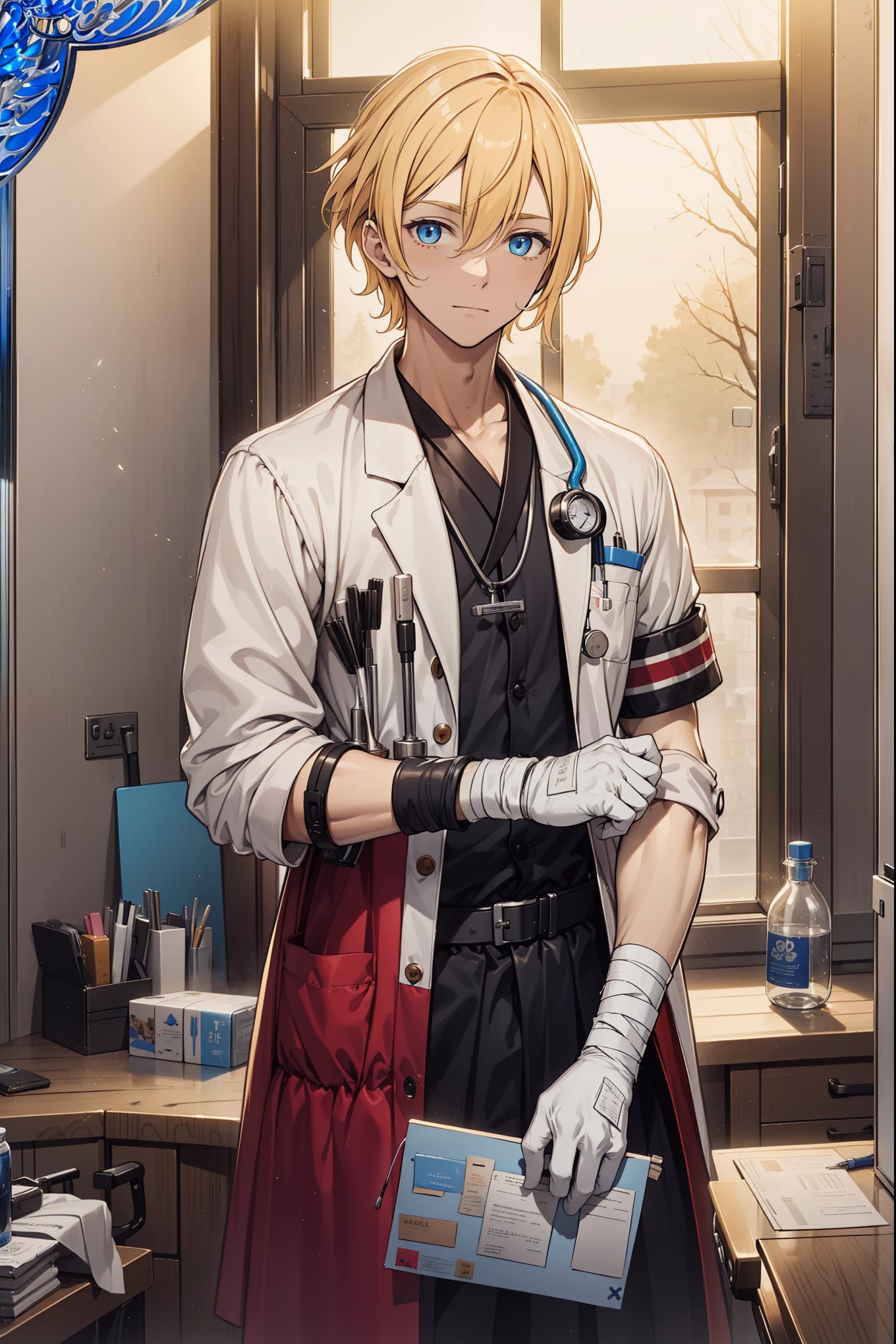 (Best quality, A high resolution, Textured skin, High quality, High details, High details,Extremely detailed CG unity), (male), (short hair), (buzz cut), white hair, (blonde hair), (blue eyes), male doctor, handsome male, Enchanted,having fun,Being in love,doctor in fantasy world, exquisite costumes,solo person,day, Dazzle, male, handsome, (hospital), (in hospital), more details, detailed hospital scene, (holding doctor tools:1), hospital tools everywhere, hospital products, bandages, syringe, first aid kit,