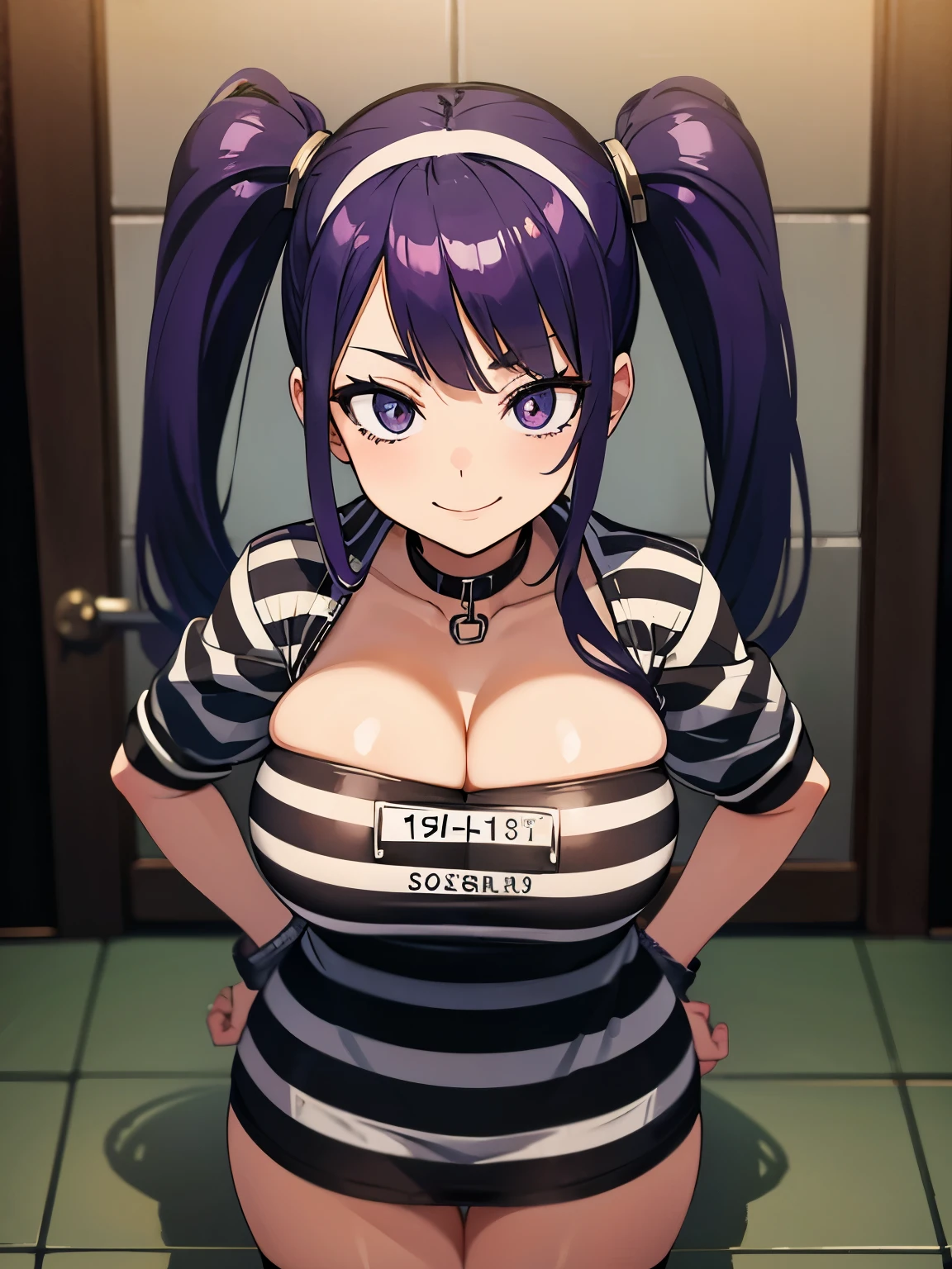 Mugshot, anime girl in black and white striped prisoner uniform, hands cuffed or chained, cleavage, big breasts, purple hair, evil smile, jail, cell, prison