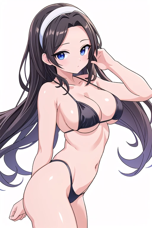 (best quality,4k,8k,highres,masterpiece:1.2), solo, random pose, sexy pose, seductive pose, ((white background)), black micro bikini only, dutch angle, thong, studio lighting, hairband, forehead,