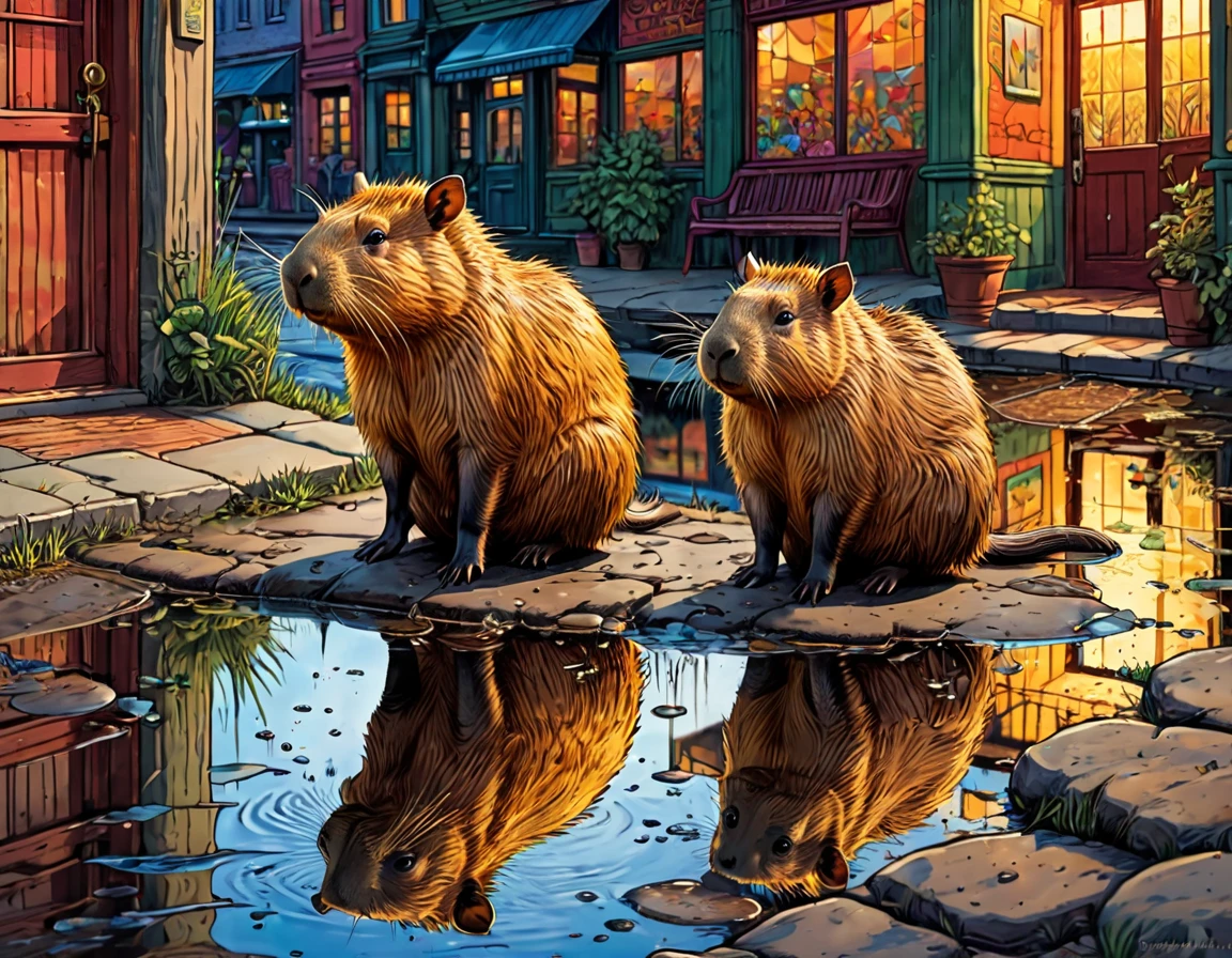 Louis Wain style colored ink sketch, Capybara  seated by a puddle, fur bristled in anger at its own reflection, claw raised, embodying peril with a humorous, playful tone, emphasis on the detailed reflection, danger, humor, fun, dramatic lighting, vivid colors. hyper-detailed, 32k resolution, digital painting, ultra-fine details.