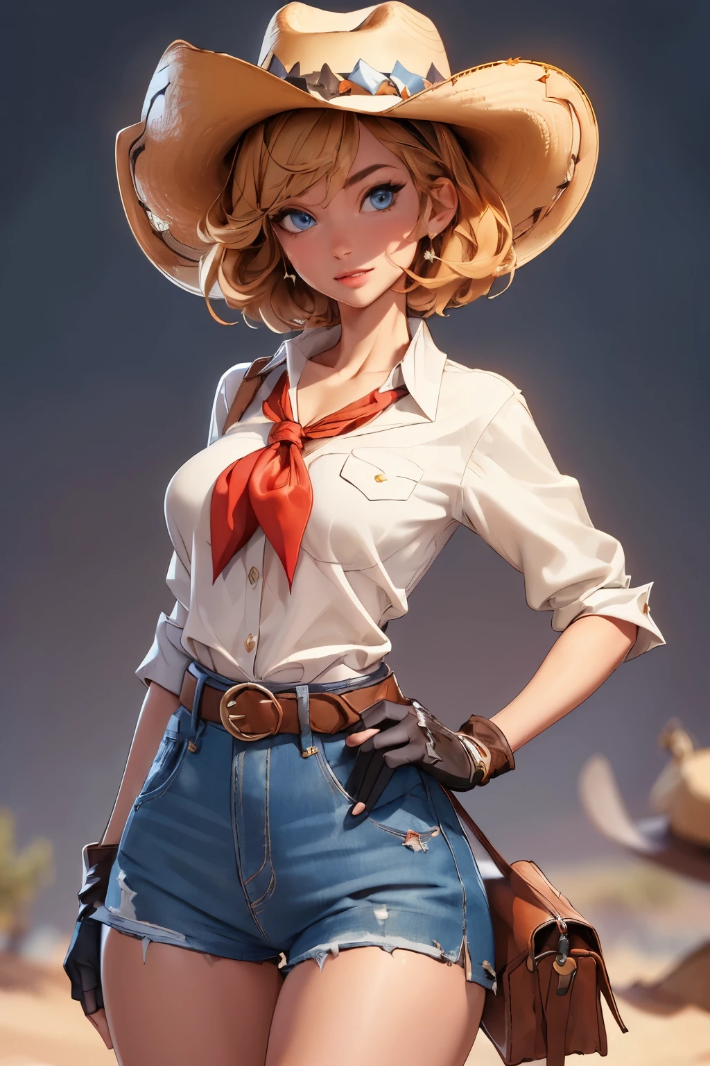 (((((solo))))),(((((masterpiece))))), (((((best quality))))),(((((highly detailed))))), finely detailed, Depth of field, crisp detail, detailed clothes, highres,
1girl, bangs, (beautiful detailed face:1.3), collarbone, collared shirt, ((white shirt)), shirt half open, buttons undone, no bra, several buttons open to show cleavage, show belly, blue eyes, blonde hair, cleavage, ((cowboy)), (cowboy hat:1.3), short gloves. fingerless gloves, hat, medium breasts, navel, neckerchief, red neckerchief, short hair, short shorts, daisy dukes, healthy thighs, gun belt ,cowboy western, sunny desert background, thigh gap