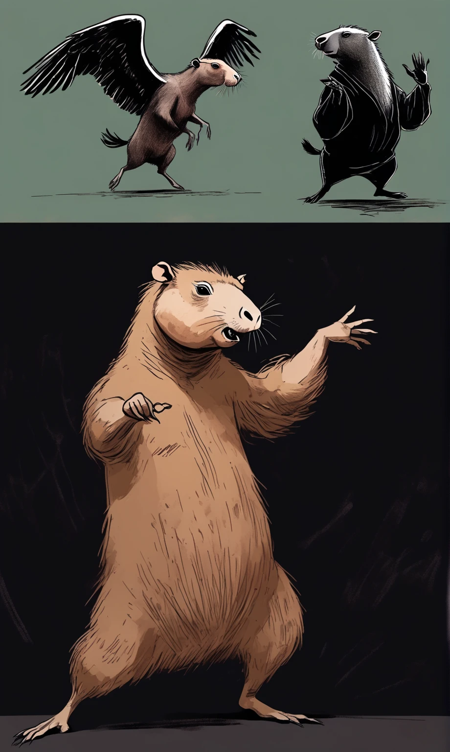 wordless, sketch, webcomic, simple, minimal, capybara dancing a vile stanky boogie dance, oblivious to the ominous, sinister and insatiable duo ( Black Vulture, and Caracaras) waiting behind the dancing capybara, cinematic poster, strange, hyper maximal, hand drawn expressive ink, cel shading, inverse, negative coloring, rich color grading, darkness, abyss,