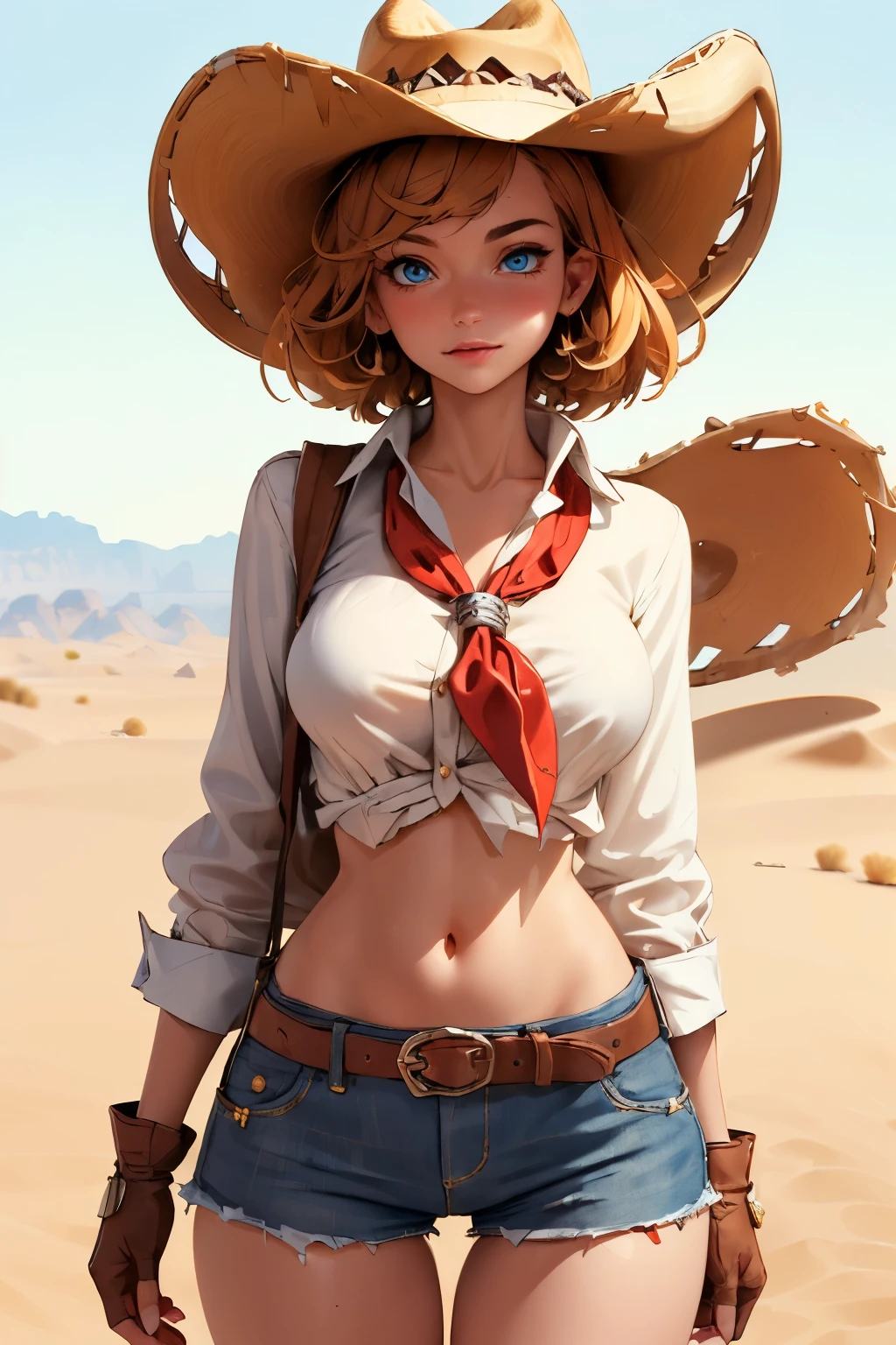 (((((solo))))),(((((masterpiece))))), (((((best quality))))),(((((highly detailed))))), finely detailed, Depth of field, crisp detail, detailed clothes, highres,
1girl, bangs, (beautiful detailed face:1.3), collarbone, collared shirt, ((white shirt)), shirt half open, buttons undone, no bra, several buttons open to show cleavage, show belly, blue eyes, blonde hair, cleavage, ((cowboy)), (cowboy hat:1.3), short gloves. fingerless gloves, hat, medium breasts, navel, neckerchief, red neckerchief, short hair, short shorts, daisy dukes, healthy thighs, gun belt ,cowboy western, sunny desert background, thigh gap