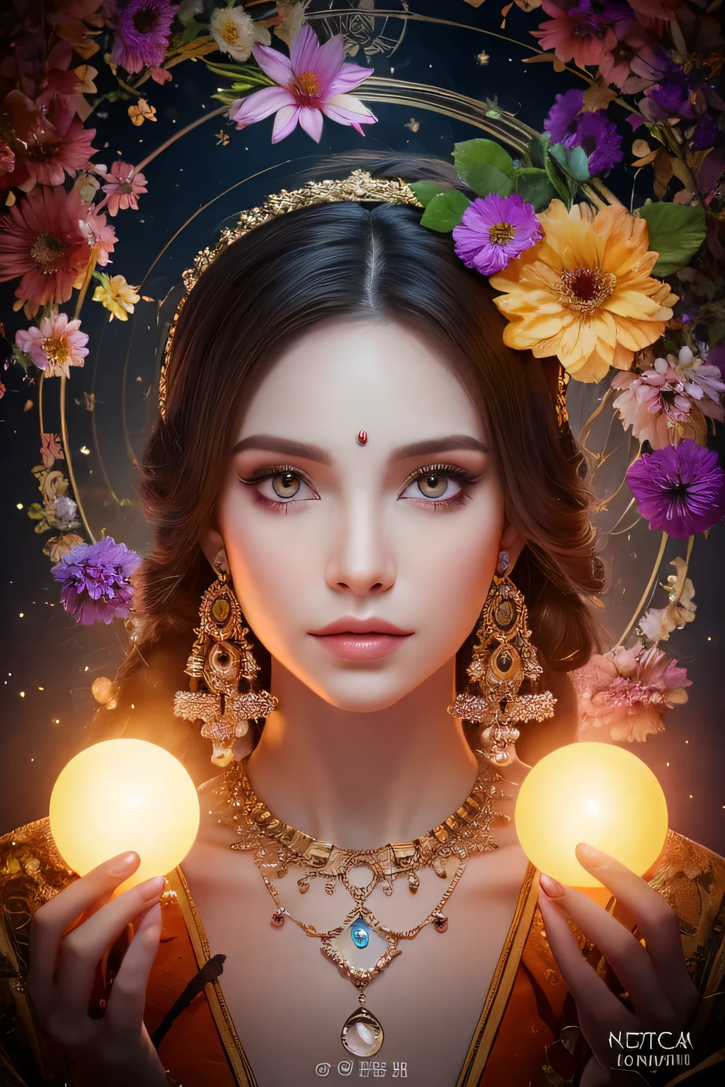 highest quality, masterpiece, High resolution, Perfect detail, (Very elegant and beautiful: 1.1), (Official Art, Beautiful and aesthetic: 1.2), (Fractal Art: 1.3), (Lots of flower effects: 1.4), One girl, Looking_in_Audience, Portraiture, one person in, Very vibrant colorful, (The effect of many flowers: 1.3), Lots of petals, Beautiful light, Great beauty, (A detailed face with detailed eyes: 1.1), (Beautiful and clear background: 1.1), fortune teller, race, ribbon, Flowers and petals, beautiful concept illustrinion, A highly decorined fortune teller's tent stands in a dark alleyway, internal, an ugly old woman in a strange gypsy costume sits in a table, Her hands are on a crystal ball and a Ouija board