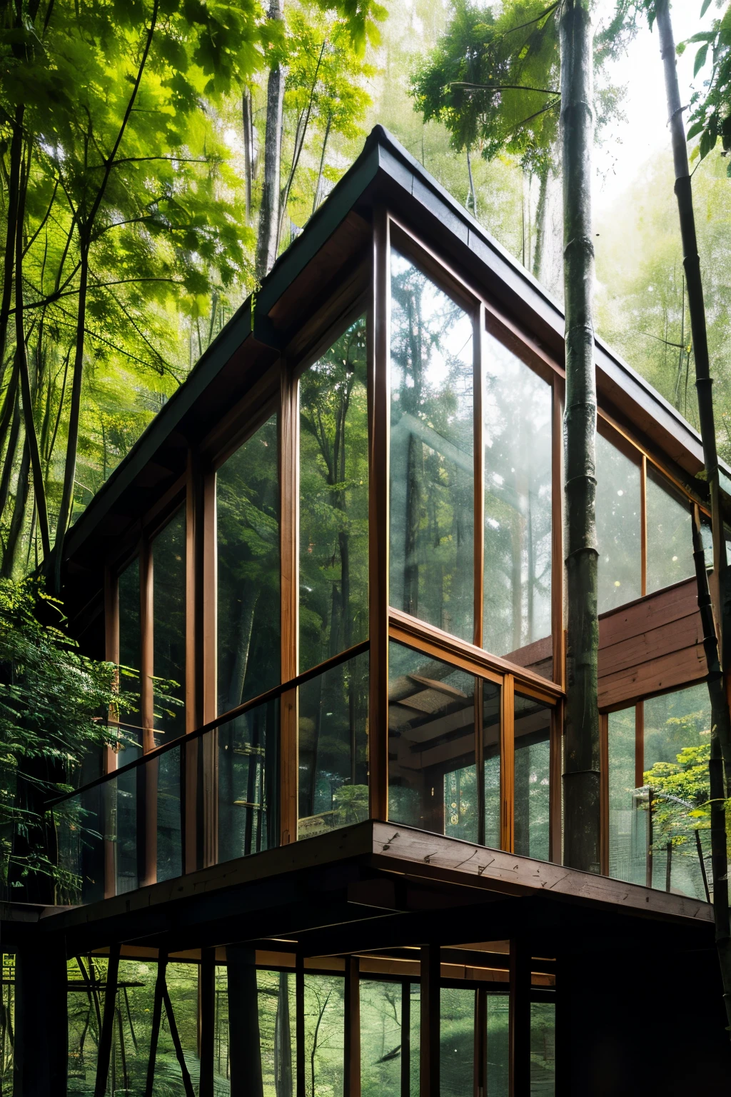 The window offers a view of the forest, in a tree house, View from the inside, roofed forest, Completely covered by nature, Outdoor greenery, View from the canopy, Dense forests in Japan, The scenery outside the window, Tree-lined, The outside space seen from the window, Deep in the Japanese bamboo forest, look out