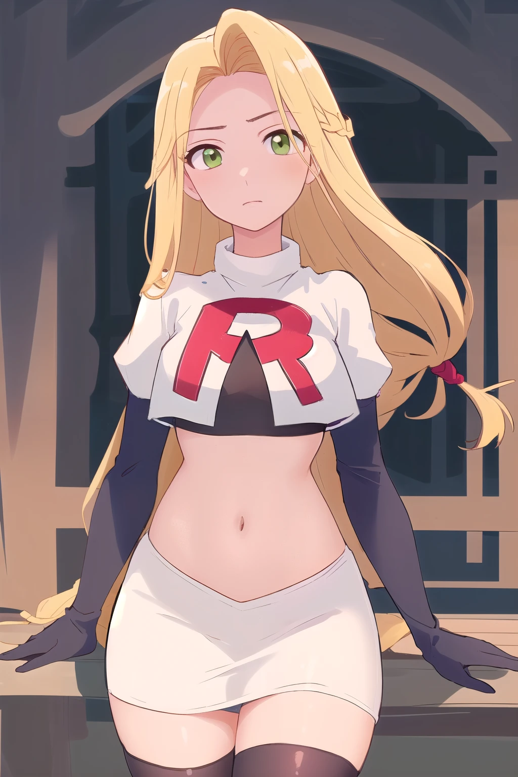 (masterpiece, best quality, high resolution:1.4), rapunzel, green eyes, (loose hair:1.3), looking at viewer, team rocket,team rocket uniform,white skirt,red letter R,crop top,black thigh-highs,black elbow gloves